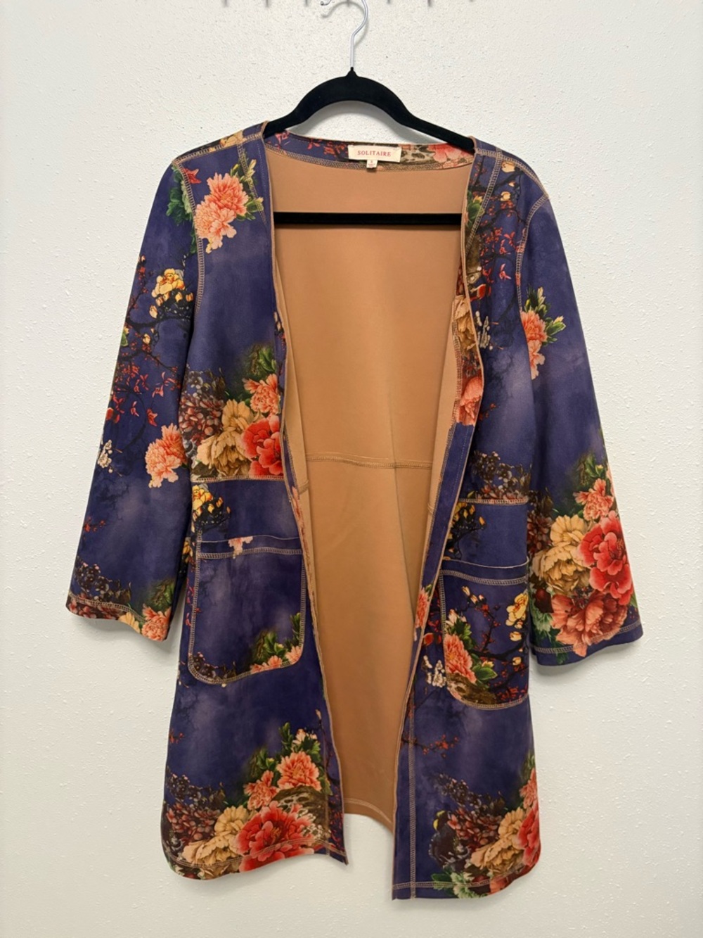 Solitaire Floral Open Cardigan - Navy & Coral Accents